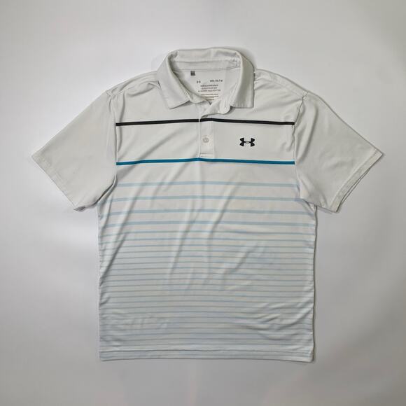 Under Armour Shirt Mens M Medium White Playoff Polo Loose HeatGear Striped Golf - Picture 2 of 11